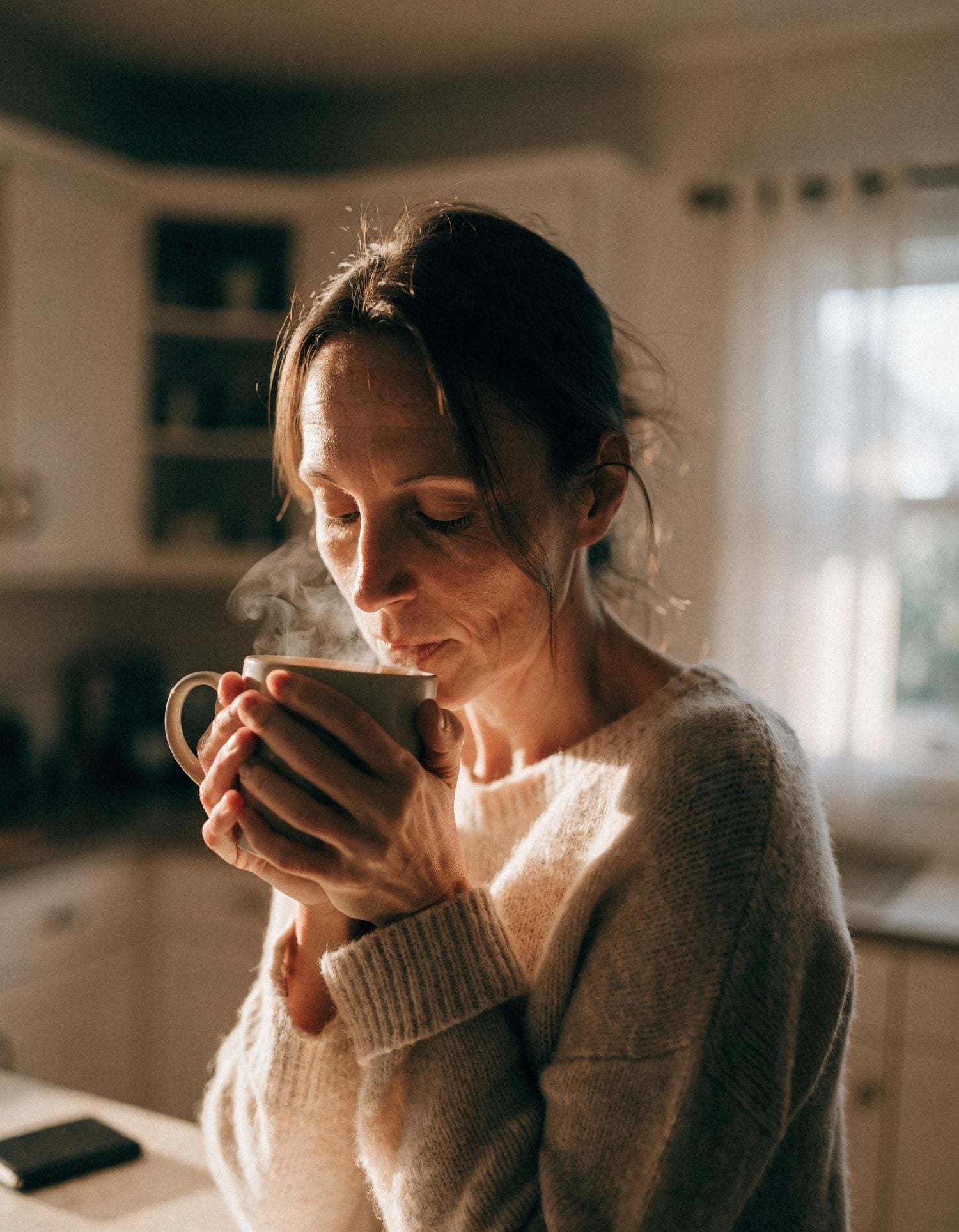 A woman taking a quiet moment with a warm cup of Ojas in her kitchen