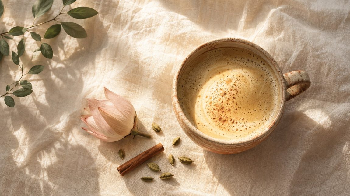 A warm cup of Ojas latte with cardamom, cinnamon, and a lotus flower