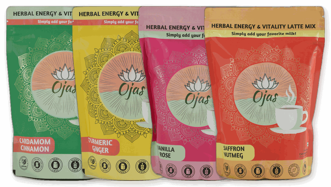 The complete Ojas collection: all four blends, Cardamom Cinnamon, Turmeric Ginger, Vanilla Rose, and Saffron Nutmeg
